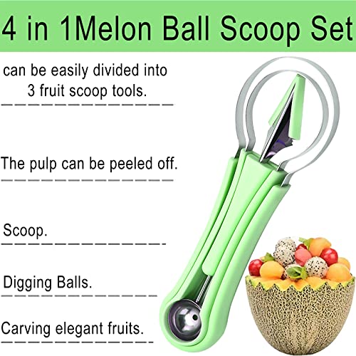 JTDEAL Melon Ball Scoop Set, Multifunctional 4 in 1 Stainless Steel Fruit Carving Tool Knife Set, Fruit Platter Carving Fruit Plate Small Tool, Cantaloupe Watermelon Ball Scoop (Green)