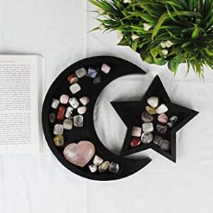 T one woods Wooden Tray for Crystal | Wooden Tray for Stones | Wooden Crystal Organizer | Wooden Moon Tray | Tray for Jewellery | Organizer for Stone (Moon&Star-Black)