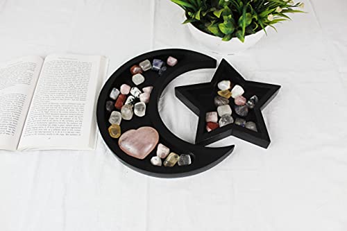 T one woods Wooden Tray for Crystal | Wooden Tray for Stones | Wooden Crystal Organizer | Wooden Moon Tray | Tray for Jewellery | Organizer for Stone (Moon&Star-Black)