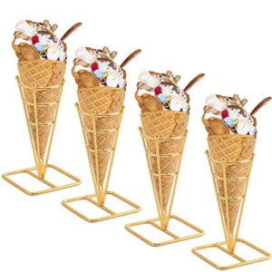 blbyho single metal gold ice cream cone holder stand, individua waffle cone holder sushi hand roll stand for standard size ice cream cones appetizer charcuterie cones, sugar cones, sushi (4 pack)