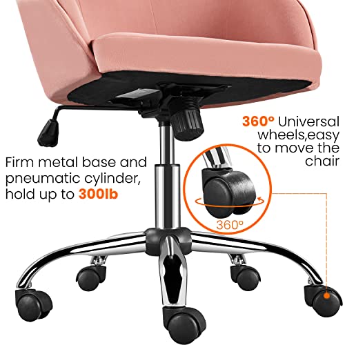 Yaheetech Velvet Desk Chair, Makeup Vanity Chair with Adjustable Tilt Angle, Modern Swivel Office Chair Upholstered Armchair Study Chair for Living Room and Makeup Room Pink