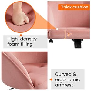 Yaheetech Velvet Desk Chair, Makeup Vanity Chair with Adjustable Tilt Angle, Modern Swivel Office Chair Upholstered Armchair Study Chair for Living Room and Makeup Room Pink