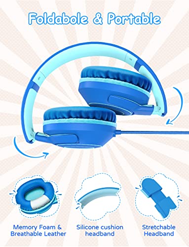 Kids Headphones Wired with Microphone, 85/94dB Volume Limit, Foldable Adjustable Headphone for Girls Boys Children, Tangle-Free 3.5mm Jack Wired for Study, School, Kids Headset for iPad /Tablet/MP3/4