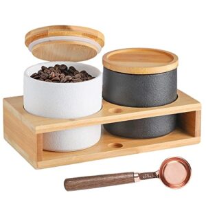 coffee containers with shelf & scoop - 2 x 17.9oz(530 ml) ceramic airtight coffee bean storage container food storage jar with wood lid for loose leaf tea/nuts/snack/sugar in kitchen (black&white)
