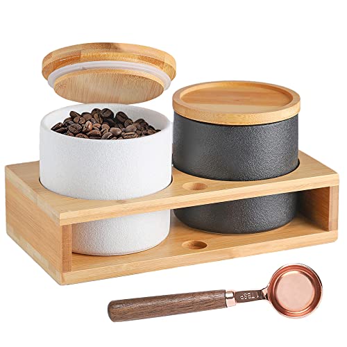 Coffee Containers with Shelf & Scoop - 2 x 17.9OZ(530 ML) Ceramic Airtight Coffee Bean Storage Container Food Storage Jar with Wood Lid for Loose Leaf Tea/Nuts/Snack/Sugar in Kitchen (Black&White)