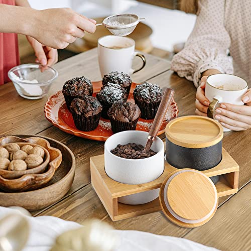 Coffee Containers with Shelf & Scoop - 2 x 17.9OZ(530 ML) Ceramic Airtight Coffee Bean Storage Container Food Storage Jar with Wood Lid for Loose Leaf Tea/Nuts/Snack/Sugar in Kitchen (Black&White)