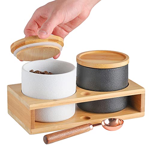 Coffee Containers with Shelf & Scoop - 2 x 17.9OZ(530 ML) Ceramic Airtight Coffee Bean Storage Container Food Storage Jar with Wood Lid for Loose Leaf Tea/Nuts/Snack/Sugar in Kitchen (Black&White)