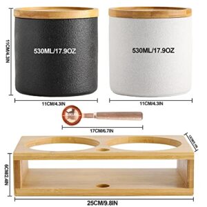 Coffee Containers with Shelf & Scoop - 2 x 17.9OZ(530 ML) Ceramic Airtight Coffee Bean Storage Container Food Storage Jar with Wood Lid for Loose Leaf Tea/Nuts/Snack/Sugar in Kitchen (Black&White)