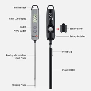 TempPro E16 Digital Meat Thermometer Instant Read Cooking Food Thermometer with Long Probe for BBQ Grill Smoker Oven Deep Fry Candy Kitchen Thermometer, Silver