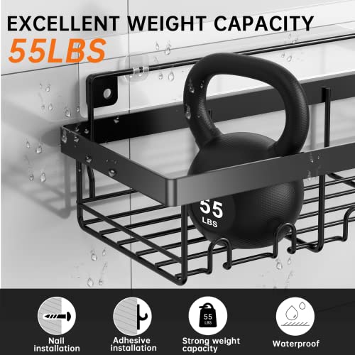 Derpras【2022 Upgrade No Drilling Shower Caddy Shelf Organizer Set with 2x Soap Holders & 2x Shower Wall Shelves with Hooks for Inside Shower & Kitchen (Black)