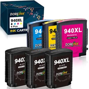 doreink 940 940xl compatible for hp ink cartridge high yield work with officejet pro 8500 8500a 8000 plus machine a910a a909a a809a a811a a909g printer (3 black 1 cyan 1 megenta 1 yellow, 6 pack)
