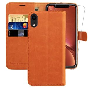 monasay wallet case compatible for iphone xr, 6.1-inch, [glass screen protector included] [rfid blocking] flip folio leather cell phone cover with credit card holder, orange