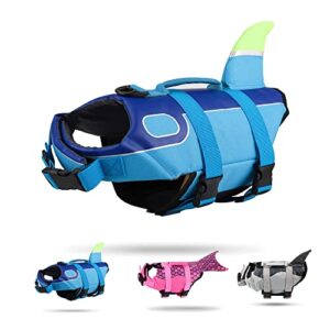 deenkk shark dog life jacket coat pet floatation vests adjustable lifesaver safety swimsuit preserver with rescue handle for small medium large dogs swimming boating, blue, m