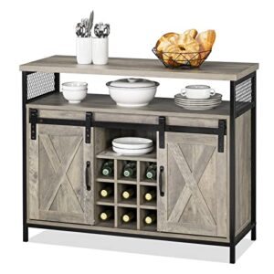vingli farmhouse barn door buffet sideboard accent storage liquor cabinet w/removable 9-bottle wine rack, rustic wine cabinet home bar furniture for kitchen dining room (wash grey)
