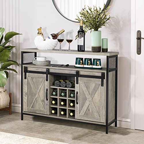 VINGLI Farmhouse Barn Door Buffet Sideboard Accent Storage Liquor Cabinet w/Removable 9-Bottle Wine Rack, Rustic Wine Cabinet Home Bar Furniture for Kitchen Dining Room (Wash Grey)