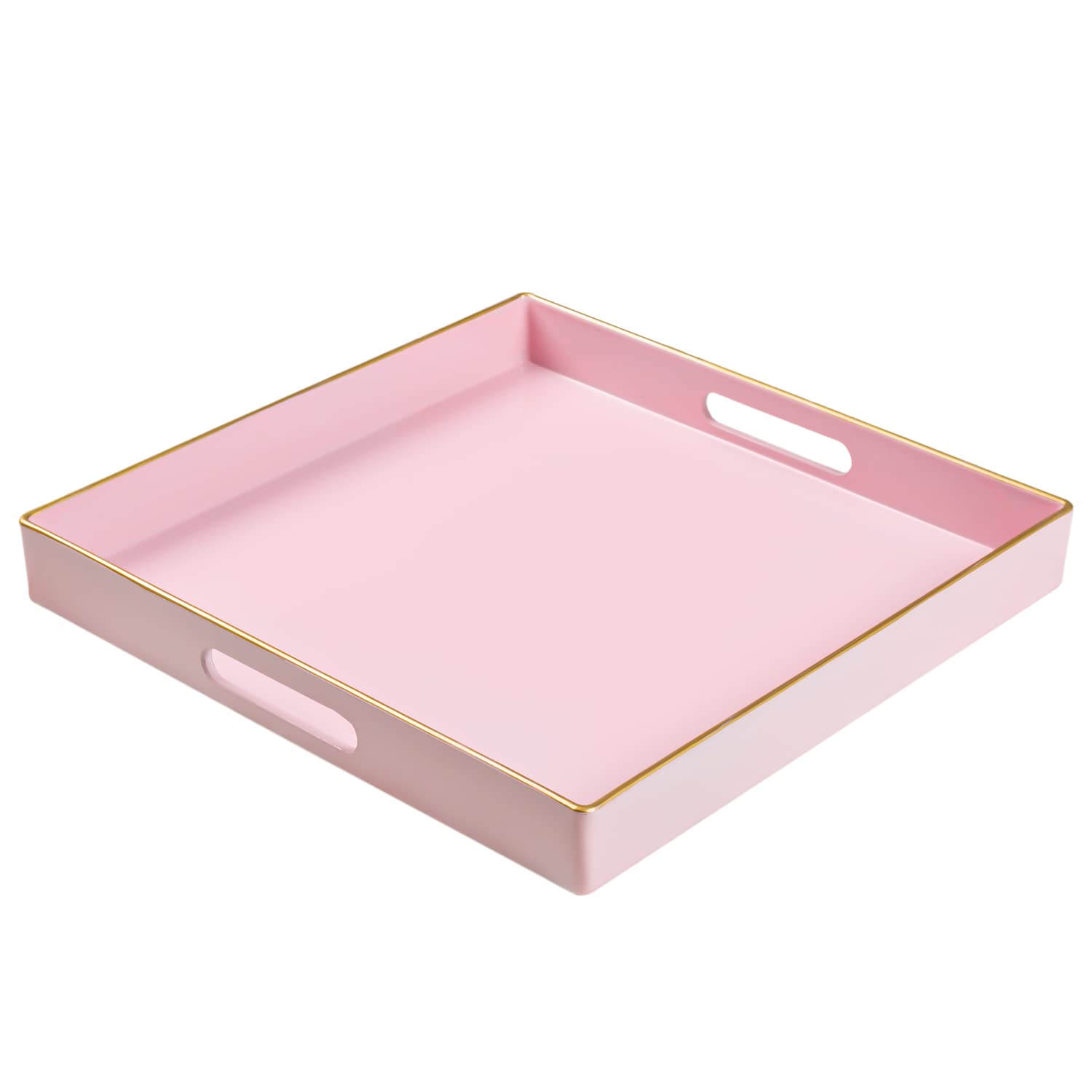 MAONAME Decorative Tray, Pink Serving Tray with Handles, Coffee Table Tray, Square Plastic Tray for Ottoman, Bathroom, Kitchen, 13"x13"x1.57"