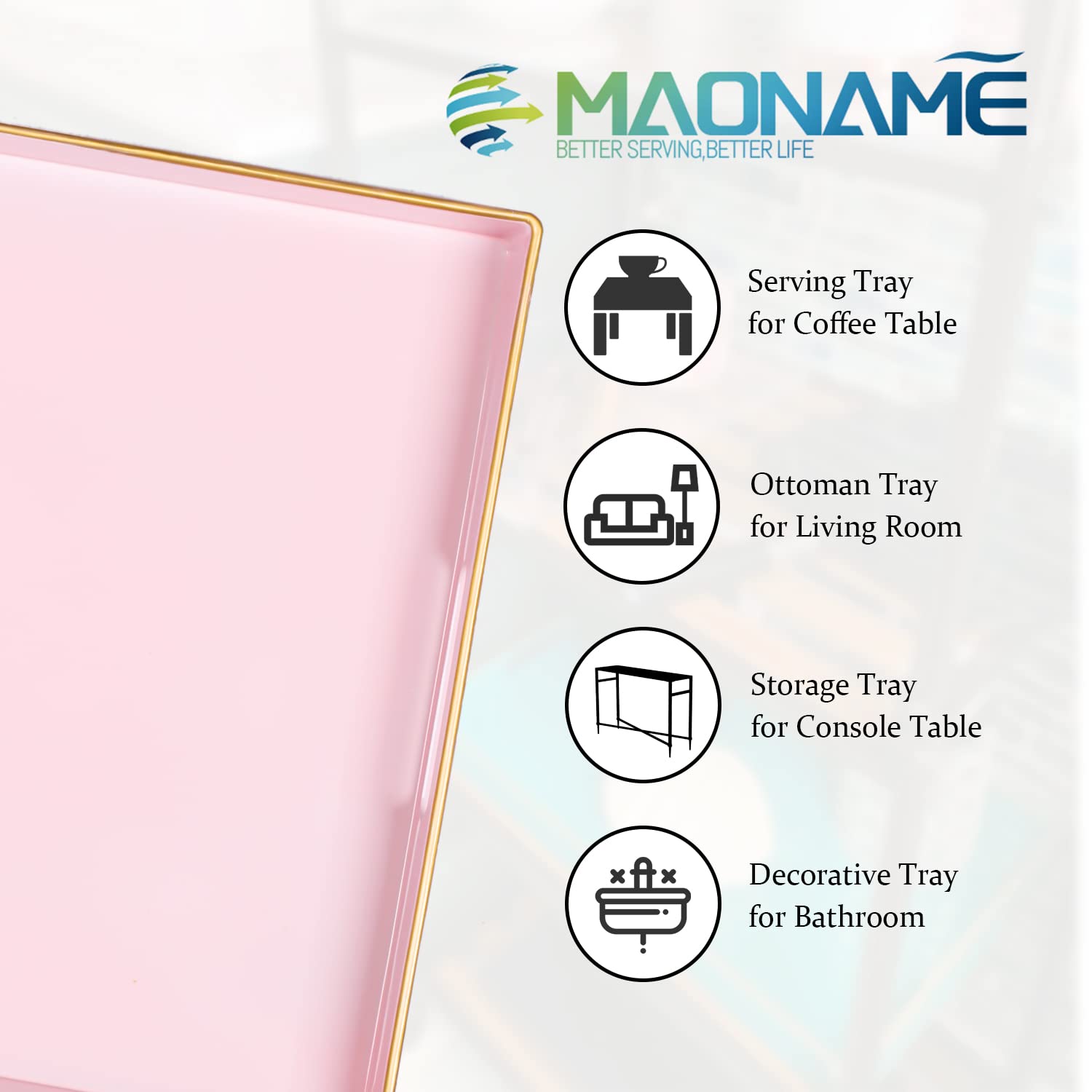 MAONAME Decorative Tray, Pink Serving Tray with Handles, Coffee Table Tray, Square Plastic Tray for Ottoman, Bathroom, Kitchen, 13"x13"x1.57"