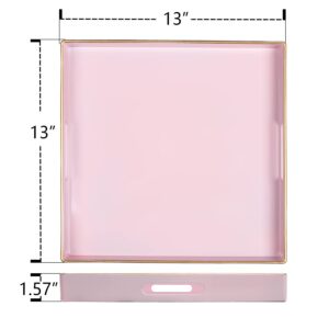 MAONAME Decorative Tray, Pink Serving Tray with Handles, Coffee Table Tray, Square Plastic Tray for Ottoman, Bathroom, Kitchen, 13"x13"x1.57"