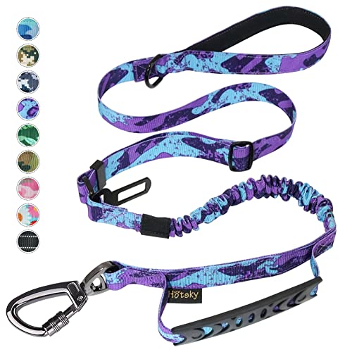 Hotsky Tactical Dog Leash Heavy Duty for Medium Large Dogs, 4-6Ft Strong Bungee Shock Absorbing Dog Leash, Padded Double Handle Military Dog Leashes with Car Seatbelt for Training, Purple Camo