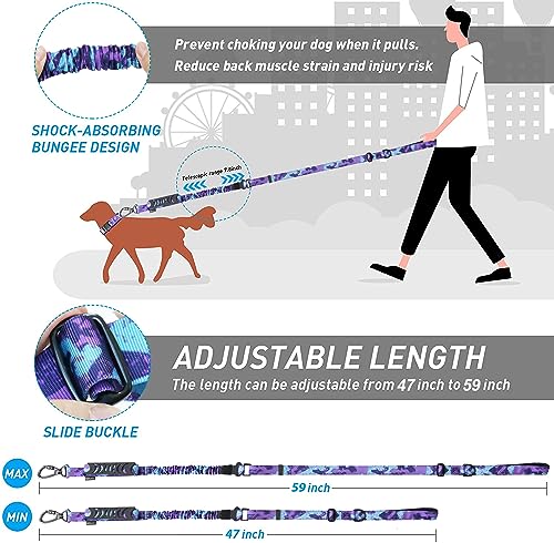 Hotsky Tactical Dog Leash Heavy Duty for Medium Large Dogs, 4-6Ft Strong Bungee Shock Absorbing Dog Leash, Padded Double Handle Military Dog Leashes with Car Seatbelt for Training, Purple Camo