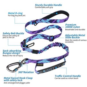 Hotsky Tactical Dog Leash Heavy Duty for Medium Large Dogs, 4-6Ft Strong Bungee Shock Absorbing Dog Leash, Padded Double Handle Military Dog Leashes with Car Seatbelt for Training, Purple Camo