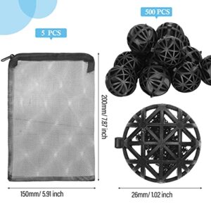 500 Pieces Bio Filter Balls Black Bio Balls for Aquarium Filter Pond Filter 1.02 Inch Internal Bioballs Filter Media with 5 Pieces Aquarium Filter Media Bags Mesh Bags with Zipper for Fish Tank Pond