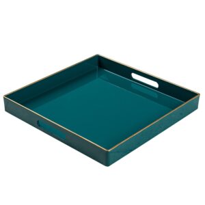 maoname decorative tray, green serving tray with handles, coffee table tray, square plastic tray for ottoman, bathroom, kitchen, 13"x13"x1.57"