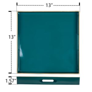 MAONAME Decorative Tray, Green Serving Tray with Handles, Coffee Table Tray, Square Plastic Tray for Ottoman, Bathroom, Kitchen, 13"x13"x1.57"