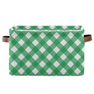 xigua storage basket green checkered storage bin with handle, large storage cube collapsible for shelves closet bedroom living room 1pc