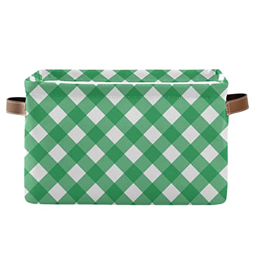 xigua Storage Basket Green Checkered Storage Bin with Handle, Large Storage Cube Collapsible for Shelves Closet Bedroom Living Room 1PC