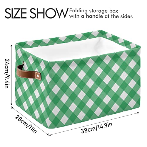 xigua Storage Basket Green Checkered Storage Bin with Handle, Large Storage Cube Collapsible for Shelves Closet Bedroom Living Room 1PC