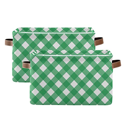 xigua Storage Basket Green Checkered Storage Bin with Handle, Large Storage Cube Collapsible for Shelves Closet Bedroom Living Room 1PC