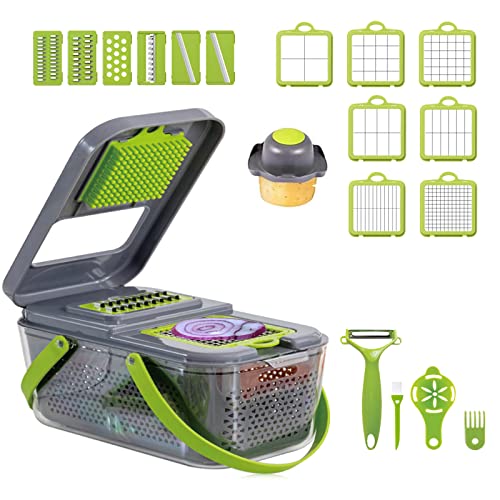 niceeshop Upgraded version multifunctional vegetable cutter mandolin slicer and peeler 20 in 1 vegetable cutter potato onion dicing machine with transparent container.