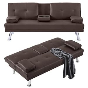 awqm sofa bed,leather fabric convertible upholstered folding sofa, multi-functional futon sofa couch for compact living space, apartment, dorm, removable soft armrest, 2 cup holders,67" brown