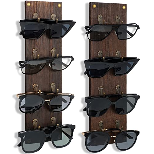 Set of 2 Rustic Mounted Sunglasses Storage Organizer Wood Eyeglasses Holder Sunglass Rack Eyeglasses Display Rack with Metal Hooks Glasses Wall Decor Hanging Jewelry Organizers for Home Decor