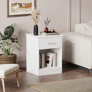 Reettic Wooden Nightstand Set of 2, End Table with Sliding Drawer and Opening Shelf, Sofa Side Table for Bedroom, White RCTG101W02