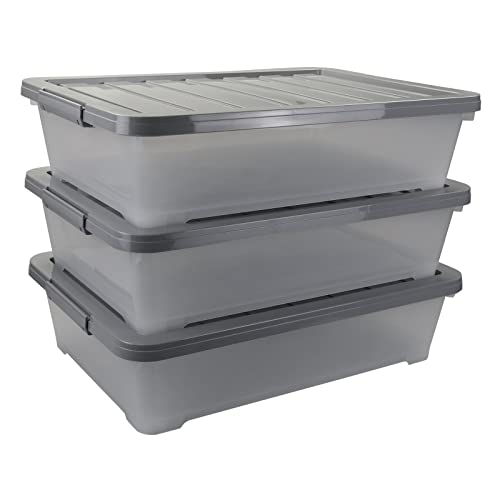 Readsky 3 Packs Large Clear Wheeled Latching Box, 40 L Plastic Underbed Storage Box with Gray Lid