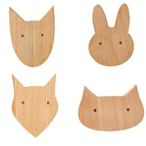 nuannuan 4 pcs cute animal hooks wood solid wall hanger, creative cat/rabbit/dog/fox shelf reusable cartoon utility hook for kids room entryway bedroom key coat towels hats jackets backpack hanging