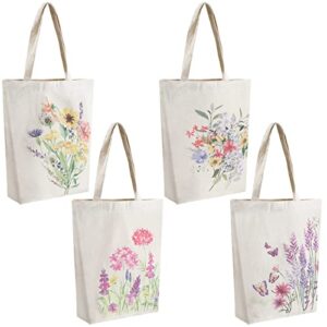 4 pieces reusable tote bags canvas tote bags canvas reusable shopping bags makeup bags for girls women (flower style)