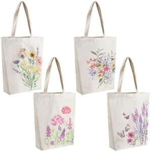 4 Pieces Reusable Tote Bags Canvas Tote Bags Canvas Reusable Shopping Bags Makeup Bags for Girls Women (Flower Style)