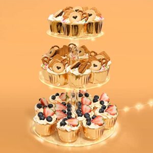 hurzmoro 3 tier round acrylic cupcake tower stand for 24 cupcakes, dessert stands with led string light,3 in 1 ice cream lolliopop cupcake display for birthday wedding graduation baby shower tea party