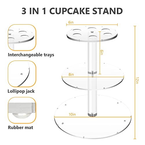 HURZMORO 3 Tier Round Acrylic Cupcake Tower Stand for 24 Cupcakes, Dessert Stands with LED String Light,3 in 1 Ice Cream Lolliopop Cupcake Display for Birthday Wedding Graduation Baby Shower Tea Party