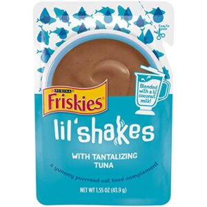 purina friskies wet pureed cat food topper, lil' shakes with tantalizing tuna lickable cat treats - 1.55 oz. pouch