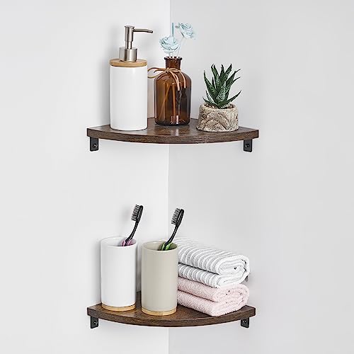 HOMCENES Corner Shelf Wall Mount, Corner Floating Shelves, Set of 2 Corner Wall Shelf Organizer, Wood Wall Storage Display Shelves, for TV Accessories, Speaker, Cable Box, Rustic Brown