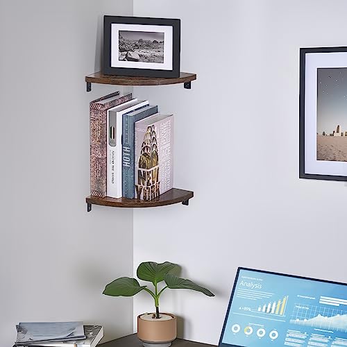 HOMCENES Corner Shelf Wall Mount, Corner Floating Shelves, Set of 2 Corner Wall Shelf Organizer, Wood Wall Storage Display Shelves, for TV Accessories, Speaker, Cable Box, Rustic Brown