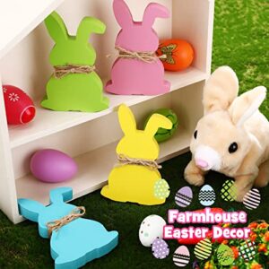 4 Pieces Easter Bunny Table Wooden Signs Spring Bunny Decor Easter Rabbits Shape Signs Farmhouse Easter Decor Easter Tiered Tray Decor with Rope for Easter Party Supplies Desk Office Home Decoration
