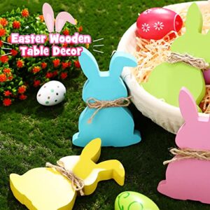 4 Pieces Easter Bunny Table Wooden Signs Spring Bunny Decor Easter Rabbits Shape Signs Farmhouse Easter Decor Easter Tiered Tray Decor with Rope for Easter Party Supplies Desk Office Home Decoration