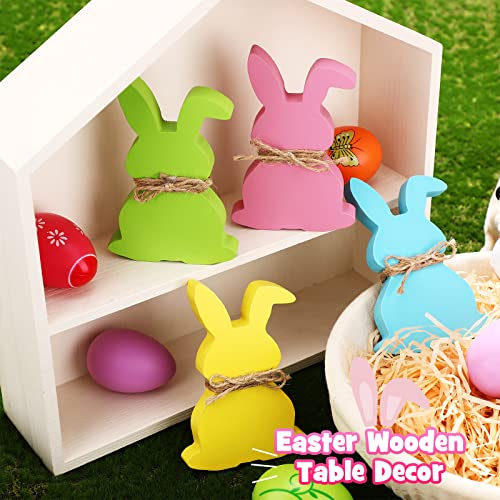 4 Pieces Easter Bunny Table Wooden Signs Spring Bunny Decor Easter Rabbits Shape Signs Farmhouse Easter Decor Easter Tiered Tray Decor with Rope for Easter Party Supplies Desk Office Home Decoration