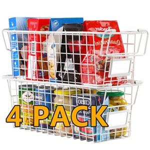 4 pack large stackable wire baskets for pantry storage and organization - metal storage bins for food, fruit - kitchen bathroom closet cabinets countertops organizer, white