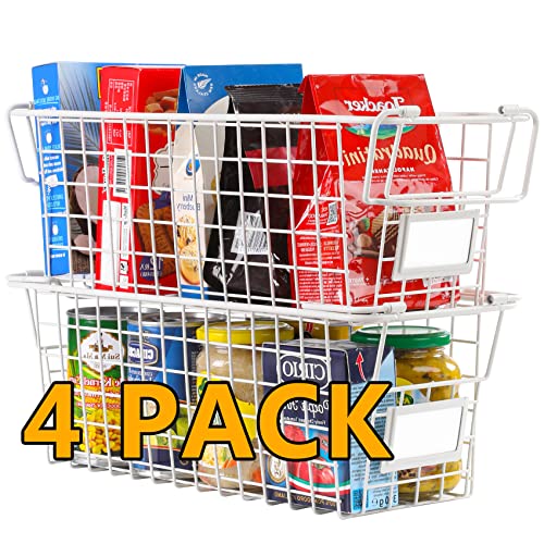 4 Pack Large Stackable Wire Baskets For Pantry Storage and Organization - Metal Storage Bins for Food, Fruit - Kitchen Bathroom Closet Cabinets Countertops Organizer, White